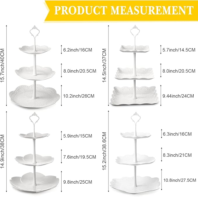 8 Sets 3 Tier Cupcake Stand Plastic Tiered Serving Stand 3 Tier Serving Tray Round Flower Square Hexagonal White Dessert Table Display Set Candy Cupcake Tower Pastry Cupcake Holder for Party Wedding