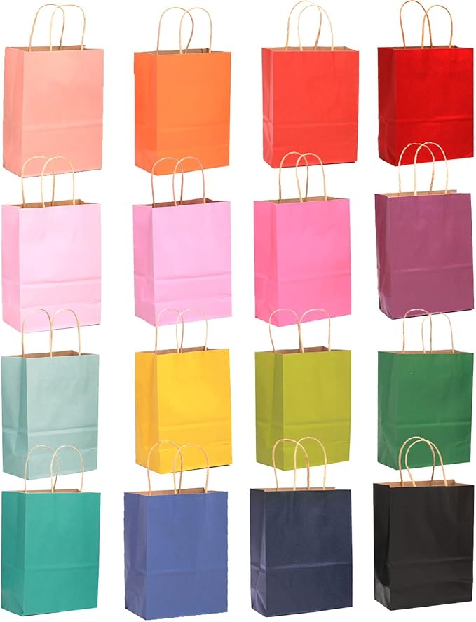 qiqee 60-Packs Paper Bags with Handles Bulk 8.26"×6"×3.15" Small Gift Bags 16 Different Senior Color Bags Multiple Uses（Small Size）