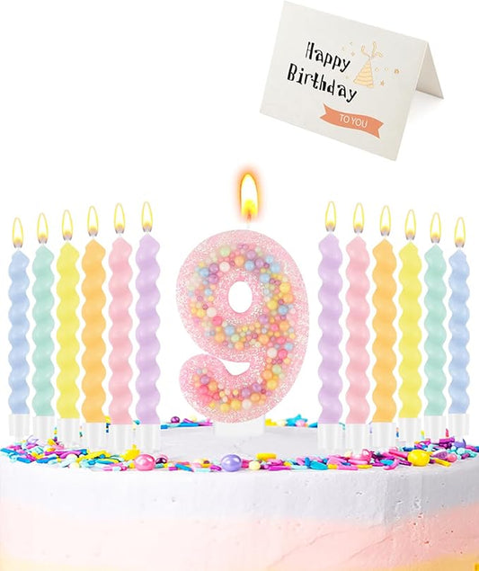 Birthday Candles for Cake, Macaron Number Candles, Cake Candles with Greeting Card for Birthday Party Wedding Anniversary Celebrations (9 Candle)