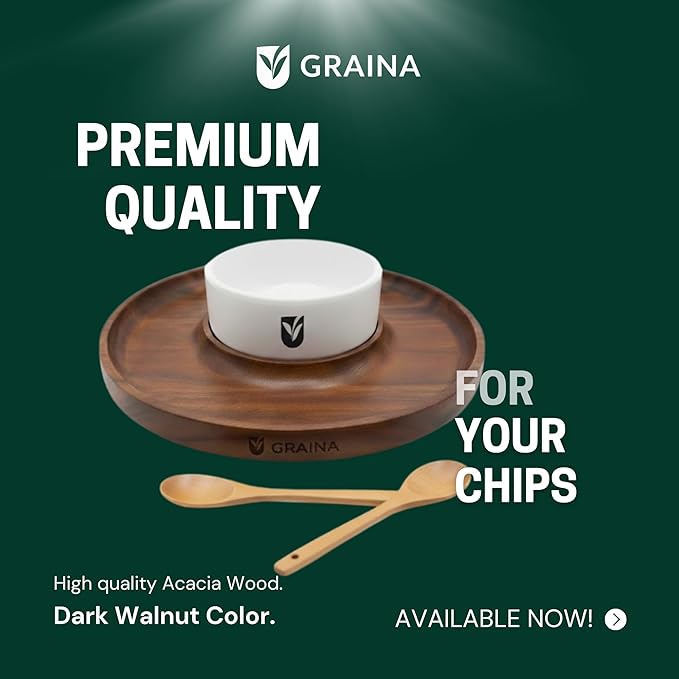 Premium Wooden Chip and Dip Serving Tray Set – Dark Walnut Large Serving Tray with Ceramic Dip Bowl & 2 Wooden Spoons – Chip and Dip Bowl Set for Chips, Snack & Entertaining | Appetizer Platter