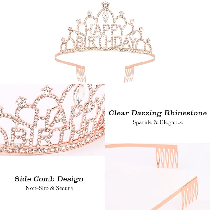 Rose Gold Birthday Crown and Sash for Women Girls Rose Gold Tiaras for Women Crowns for Girls Princess Crown Rhinestone Happy Birthday Hair Accessories