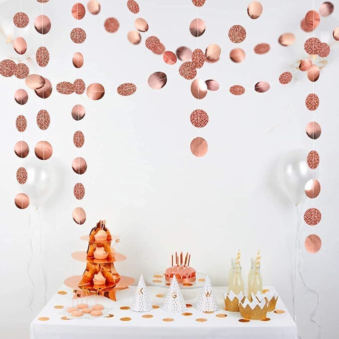 Decor365 Rose Gold Glitter Dot Garland Birthday Party Decorations Circle Streamers Banner Backdrop for Weddings Baby Showers Bridal Showers Gender Reveals Engagements Graduation Parties Decor