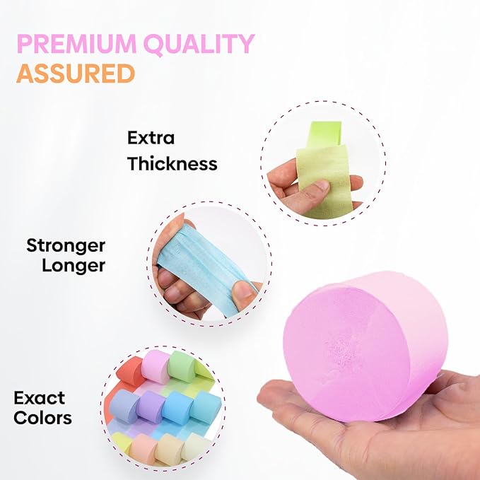 12 Crepe Paper Streamers Rolls, 656ft Pack of Unique 12 Pastel Streamers for Party Decorations, Pastel Backdrop, Birthday Streamers, Party Streamers(1.8 inch x 82 ft/Roll)