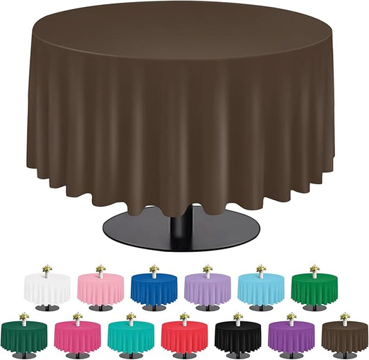 tujol Brown 6 Pack Plastic Table Cloth 84", Disposable Round Tablecloth Table Cover, Plastic Tablecloths for Parties