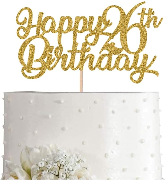 26th Birthday Cake Topper, Gold Glitter Cheers To 26 Years Party Decoration, Supply