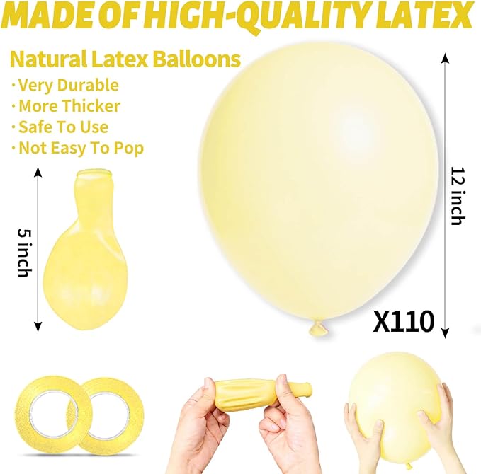 110pcs Pastel Yellow Balloon 12 Inch, Pastel Yellow Latex Balloons for Birthday Party Baby Shower Wedding(with 2 Ribbons).