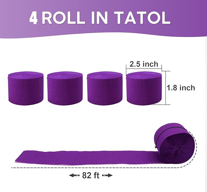 4 Rolls Crepe Paper Deep Purple Streamers – Perfect for Streamers Party Decorations, Wedding, Birthday, Colored Decor, and DIY Craft Supplies(1.8 Inch x 82 Ft/Roll)