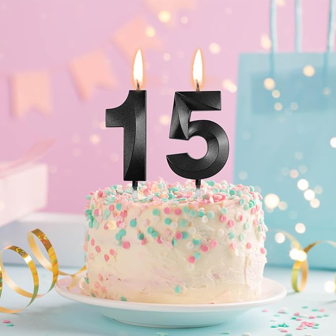Number 15 Birthday Candles, 1.96 Inch Happy Birthday Cake Candles Cupcakes Topper Decoration for Birthday Party Wedding Anniversary Celebration Supplies (Black)