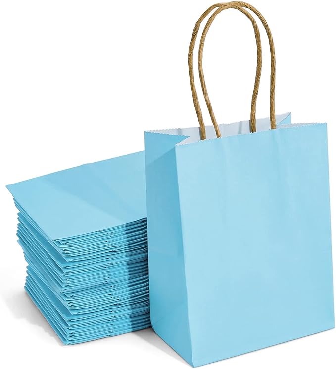 DjinnGlory 60 Pack Tiny Mini Small Blue Paper Gift Bags with Handles 6.3 x 4.7 x 2.75 Inch for Birthday Wedding Baby Shower Party Favors Goodies, Business Merchandise Shopping Kraft Bags