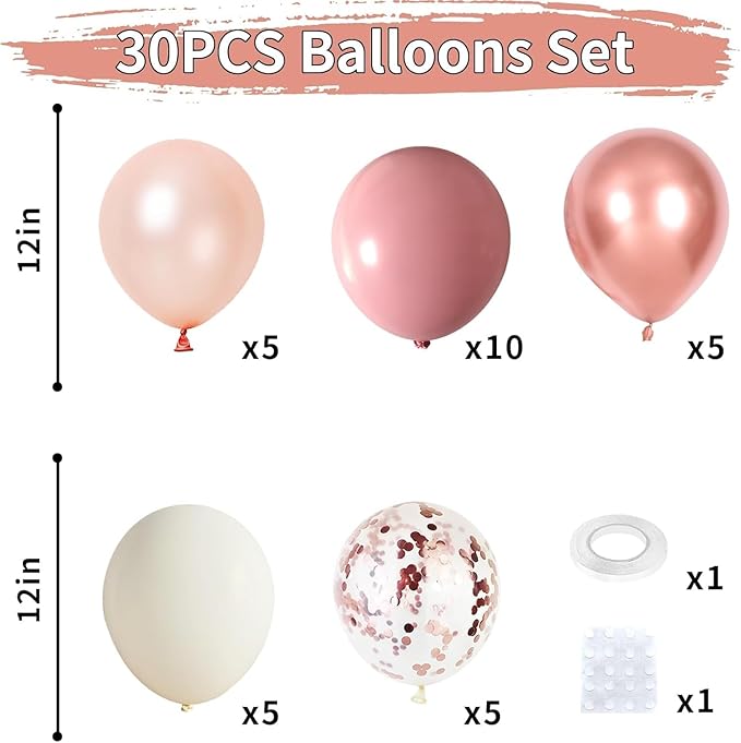 Dagelar Dusty Pink Boho Blush Balloons, Metallic Rose Gold Retro Pink Ivory White Balloon, Nude Cream White Balloon and Confetti Balloons for Bridal Baby Shower Girls Birthday Wedding Decor Supply