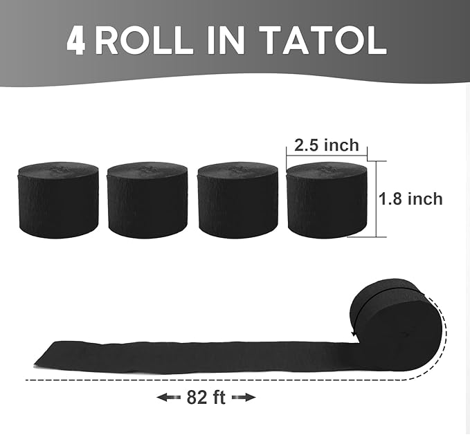 4 Rolls Crepe Paper Black Streamers – Perfect for Streamers Party Decorations, Wedding, Birthday, Colored Decor, and DIY Craft Supplies(1.8 Inch x 82 Ft/Roll)