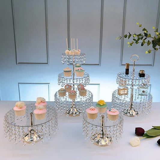 4PCS Crystal Silver Cake Stands Set, Decorative Metal Cake Holder, Round Cake Stand, Serving Plate Dessert Table Display, for Baby Shower Wedding Brithday Party Celebration Home Decoration