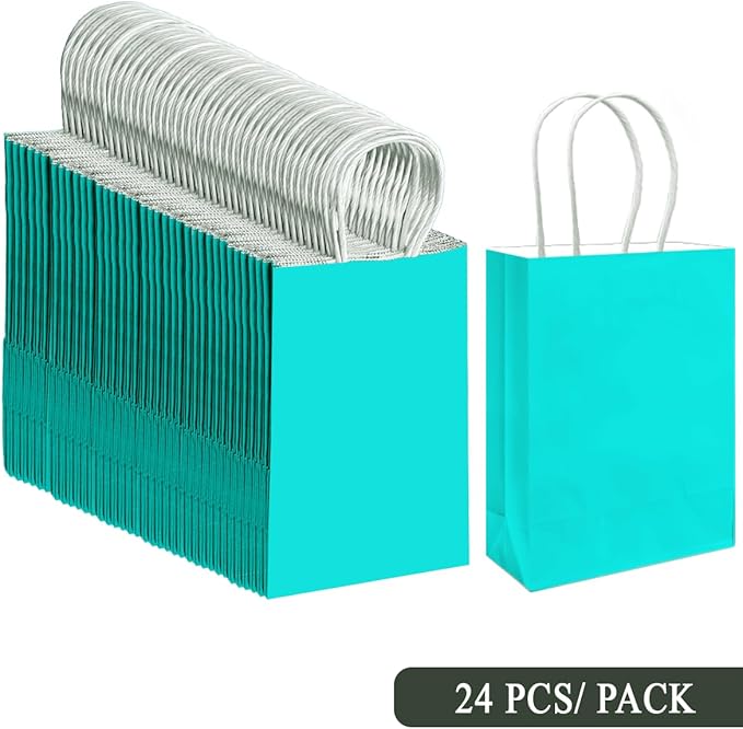 qiqee 24PCS Small Gift Bag with Handles Bulk 8.3"x6"x3" Gift Bags Bright Green Bags Multiple Uses (Small Size)