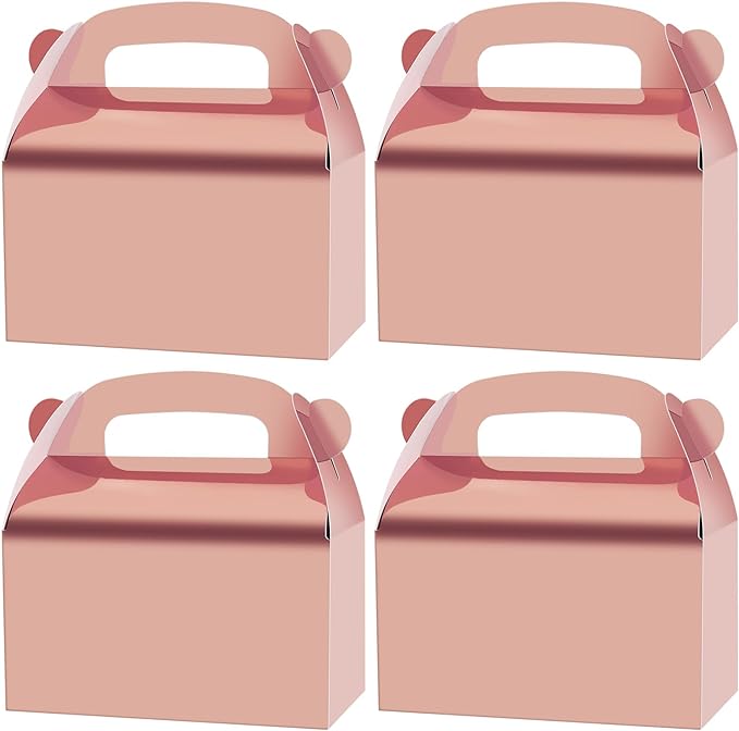 30-Pack Rose Gold Party Favor Treat Boxes, Goodie Gable Paper Gift Boxes with Handles. Perfect for Wedding, Birthday, Graduation, Babyshower
