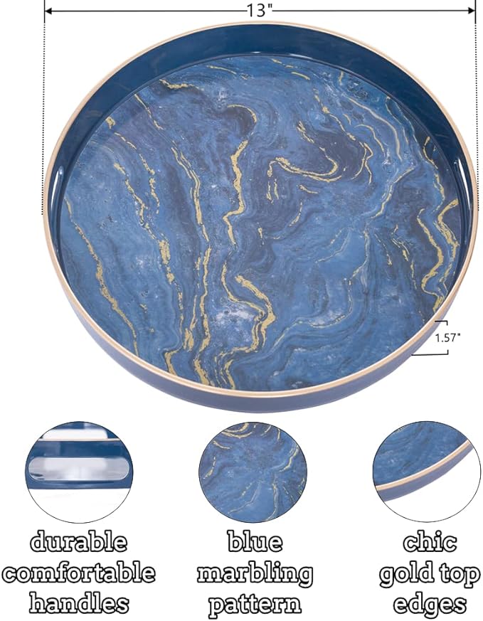 MAONAME 13" Round Decorative Tray, Marbling Plastic Tray with Handles, Coffee Table Trays for Ottoman, Kitchen, Bathroom, Blue