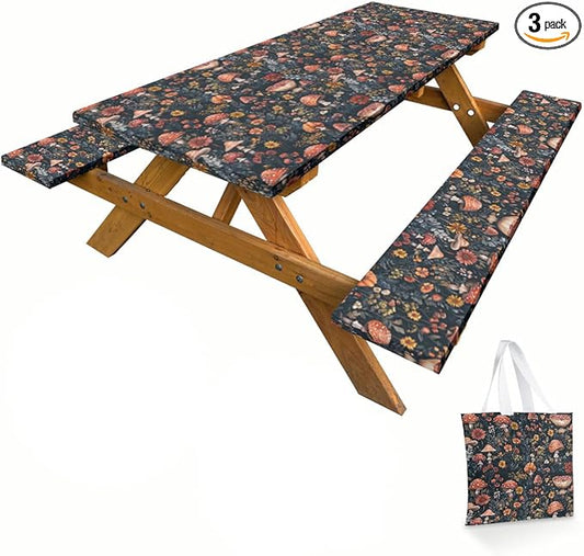 Mushroom Picnic Table Cover with Bench Covers and Carrying Bag, Forest Floral Plant Retro Rectangle Table Cover, Outdoor Patio Camping Essentials 6FT 4PCS, Camping Fitted Tablecloth