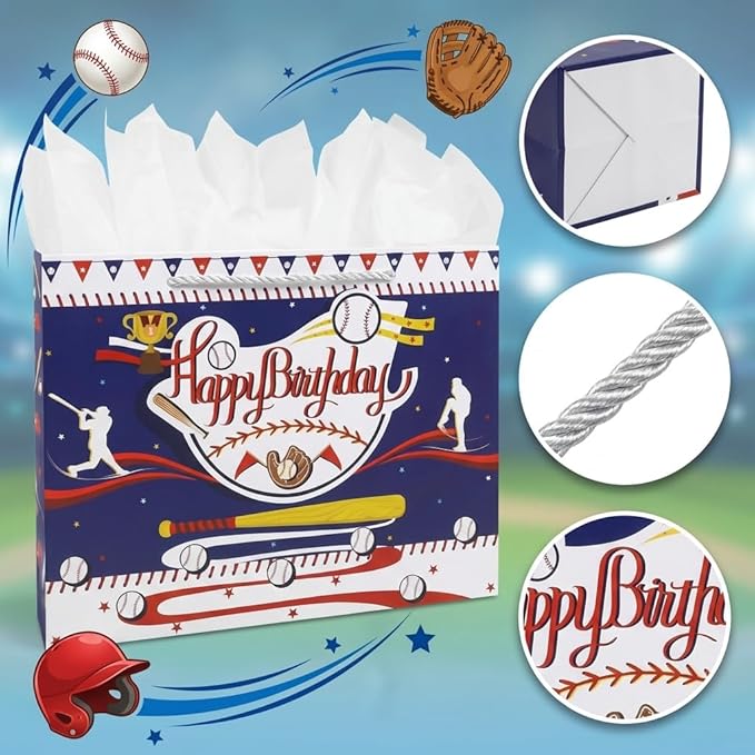 Oletx Baseball Party Favor Gift Bags, Large Baseball Gift Wrap Bags with Tissue Paper for Sports Party, Happy Birthday Baseball Bags,Goodie Treat Wrapping Bags for Boys Men or Team Supplies