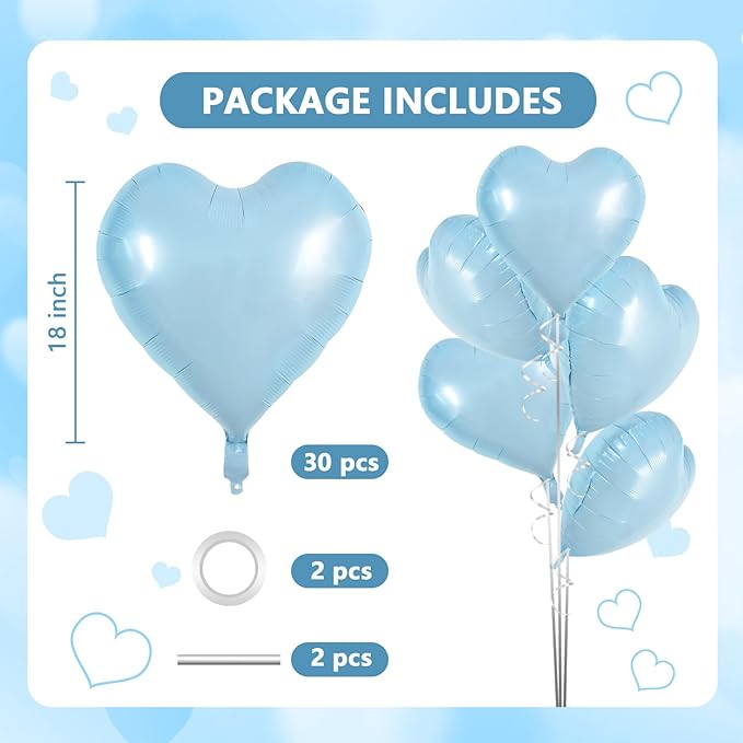 TONIFUL 30Pcs 18 Inch Baby Blue Heart Balloons Pastel Blue Heart Shape Foil Mylar Balloons Decoration for Birthday Valentine's Day Wedding Bridal Shower Anniversary Engagement Party Supplies