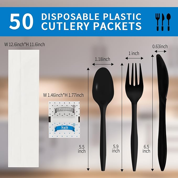 50Pack Plastic Cutlery Packets, Knife Fork Spoon Napkin Salt Pepper Sets, Individually Wrapped Black Plastic Cutlery Packets for Delivery, Cafeterias, Restaurants