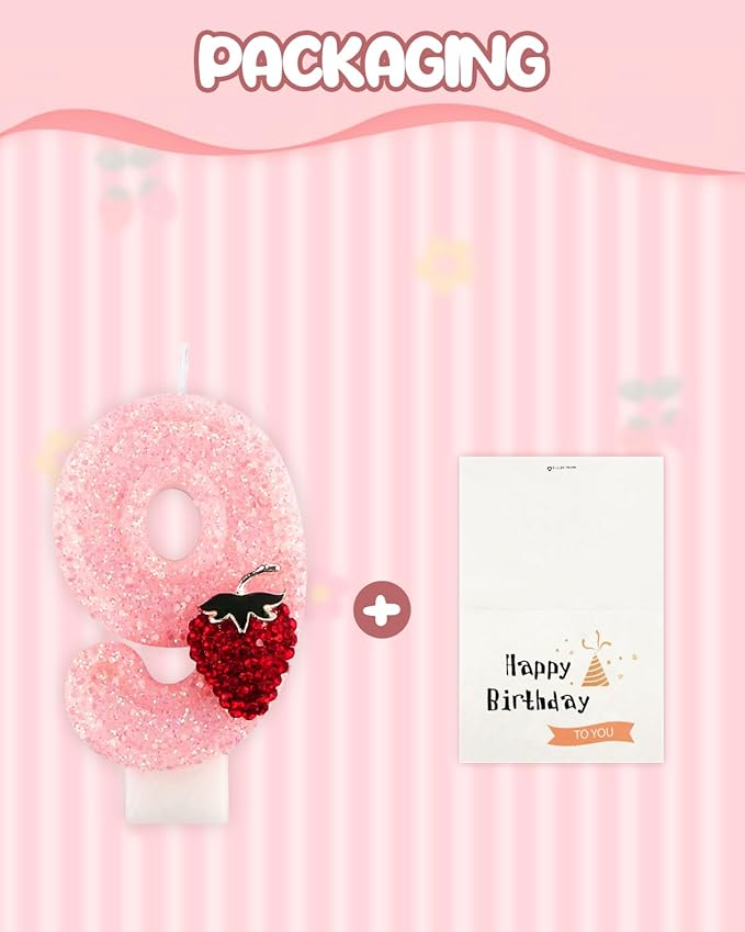 Birthday Candles for Cake, Pink Number Candles, Cake Candles with Greeting Card for Birthday Party Wedding Anniversary Celebrations (Strawberry 9 Candle)