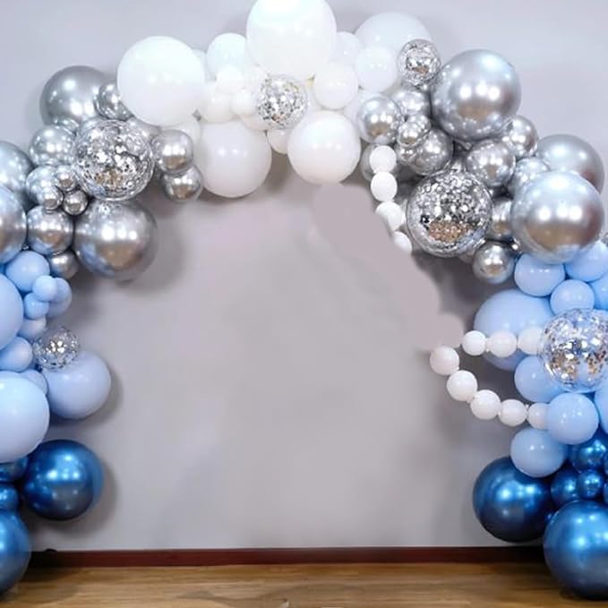Jobkoo Blue and White Balloons, 60 Pcs 12 Inch Pastel Baby Blue Silver Latex Balloon with Metallic Confetti Balloons Graduation Balloon for Boys Birthday Baby Shower Christening Grad Party Decorations