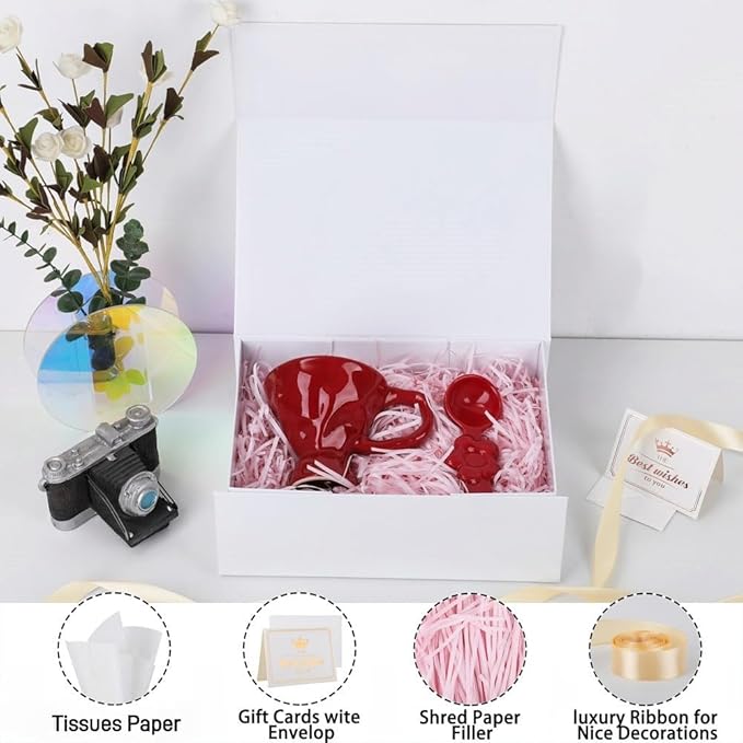 UoeRing 1 Pcs White Gift Box 11.5x8x4 inch Luxury Gift Box for Presents with Magnetic Lid Collapsible,Birthday,Christmas,Contains Card, Ribbon, Tissue Paper,Shredded Paper Fille