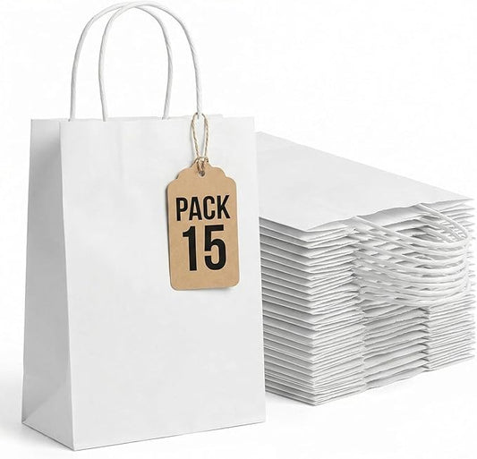 MAQIHAN Small Kraft Bags with Handles - 15 Pcs White Kraft Gift Paper Bags Small Gift Bag with Candy Birthday Party Favor Christmas Valentines Shopping Business DIY Craft