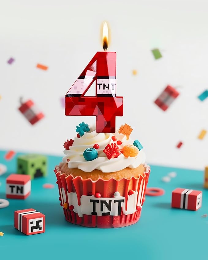 Number 4 Red Pixel Birthday Candle, TNT Themed Birthday Candles for Cake, 2.69 Inch Green Miner Number Candles, Game Themed Candle Birthday Decoration, Red Birthday Cake Topper for Boys Girls Party