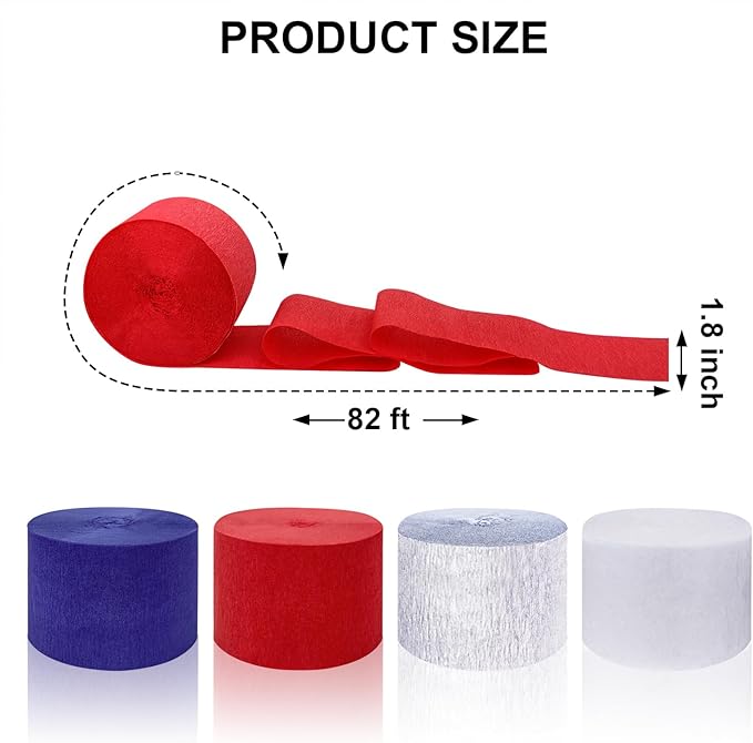 4 Crepe Paper Streamers Rolls, 328ft Pack of Red, White, Blue and Silver Crepe Paper for 4th of July, Independence Day, Labor Day, Veterans Day Decorations (1.8 inch x 82 ft/Roll)