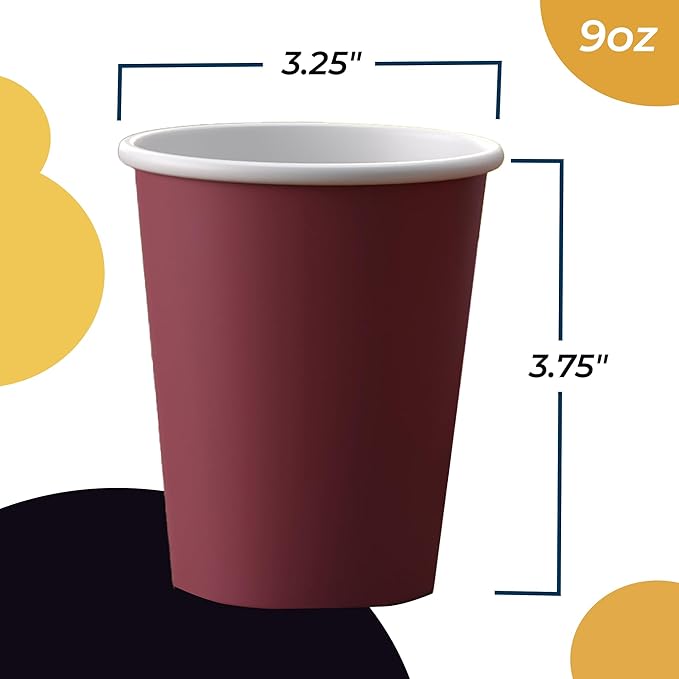 Party Solids Burgundy Paper Cups 9 oz Durable Disposable Cups 1000 Paper Tumblers for Hot Drinks and Cold Drinks Thick 280 GSM Hot Cup for Tea & Coffee Cup To Go Fun Colors for Parties & Events