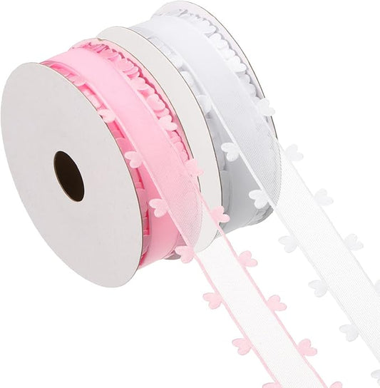 PATIKIL 1 Inch x 20 Yard Organza Chiffon Ribbon Set, Sheer Heart Decorative Ribbon for Valentine's Day Gift Wrapping Wreath Bow Craft DIY Decoration, Pink,White