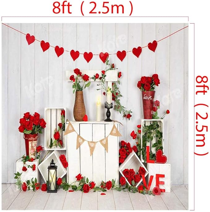 Kate Valentine Photo Backdrop Heart Backdrop with Rose Valentine Decorations for Party, Children, Home, 8x8ft