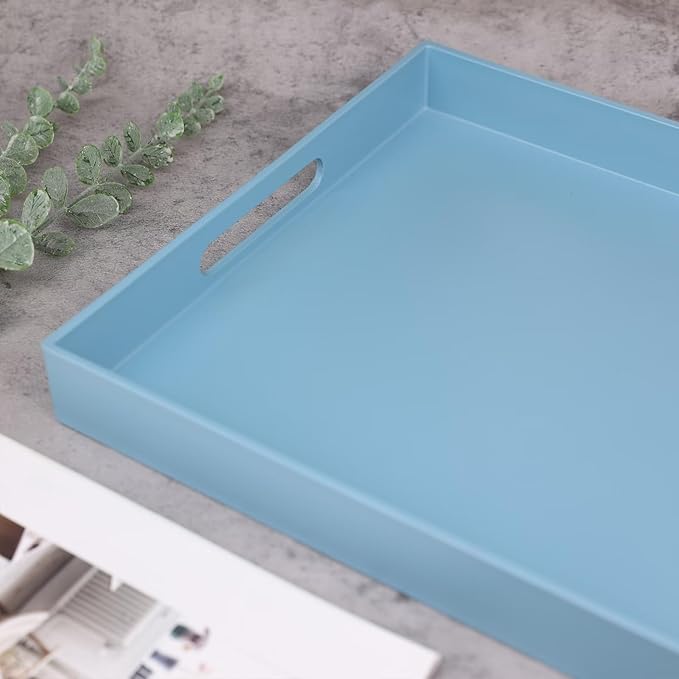 Blue Serving Tray for Coffee Table, Rectangular Plastic Decorative Tray with Handles for Entertaining, Outdoor Patio, Living Room, Ottoman, Bathroom Counter, 11.8”*15.7”*1.6”