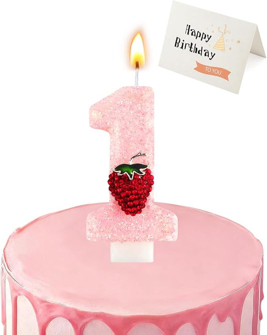Birthday Candles for Cake, Pink Number Candles, Cake Candles with Greeting Card for Birthday Party Wedding Anniversary Celebrations (Strawberry 1 Candle)
