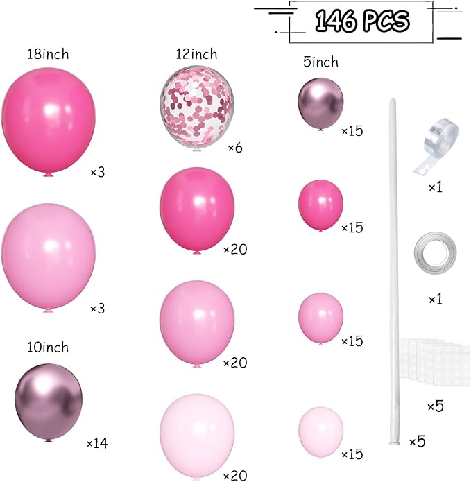 MEBAY Pink Balloon Arch Kit, 146 PCS Hot Pink Light Pastel Pink Metallic Balloons Garland with Confetti for Bridal Baby Shower Birthday Princess Wedding Party Decorations