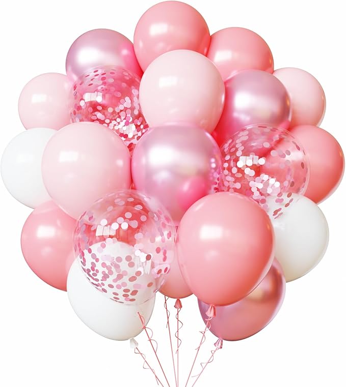 Light Pink and White Balloons Kit, 65pcs 12 Inch Pink Balloons Pastel Pink Confetti Latex Balloons for Birthday Wedding Baby Shower Party Decorations