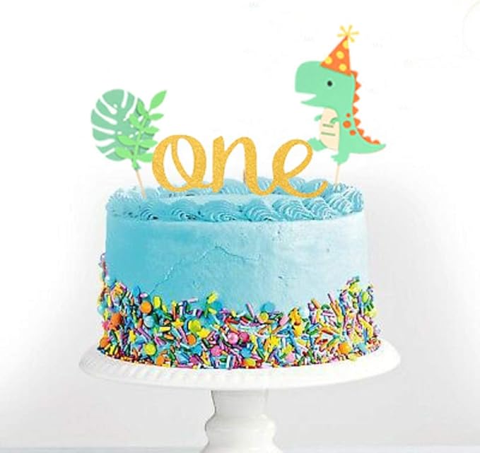LaVenty Gold Dinosaur First Birthday Decoration Dinosaur One Cake Topper Dinosaur 1st Birthday Cake Topper for Boy Dinosaur Birthday Party Decoration