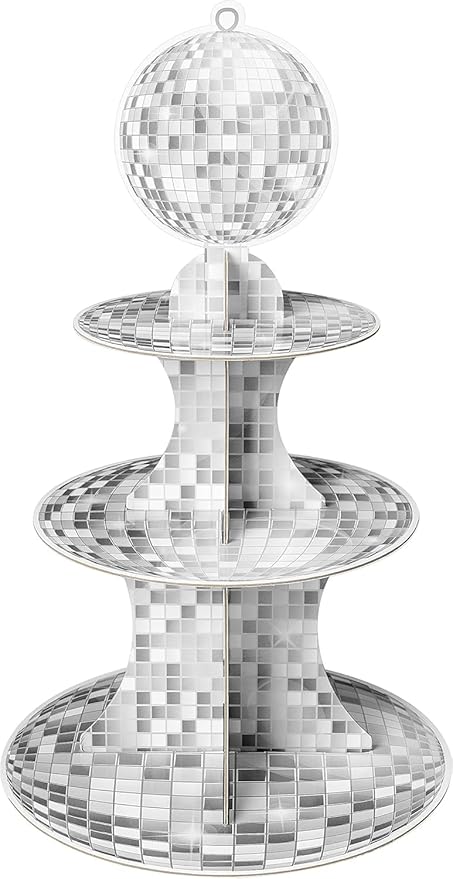 Haooryx Disco Cupcake Stand Decoration - 2Pcs 3-Tier Silver Glitter Disco Ball Cardboard Cupcake Stand Dessert Holder for Kids Girl Birthday Party Decor Baby Shower Bachelorette Party Table Decoration