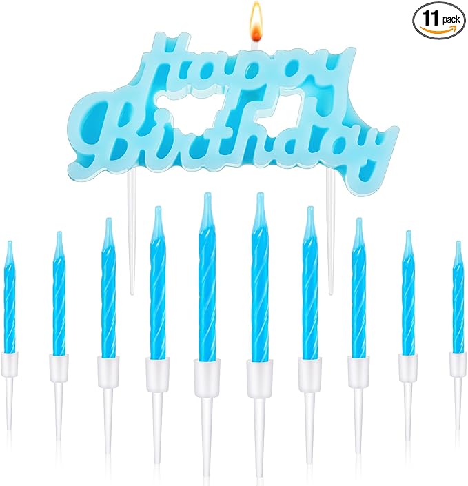 MTLEE Happy Birthday Candles Letter Cake Topper with 10 Pcs 2.95 Inch Short Thin Spiral Candles for Cake Topper Birthday Decoration Party Supplies(Blue)