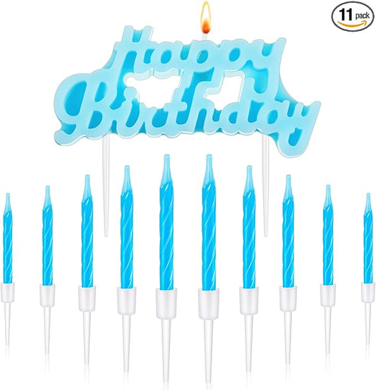 MTLEE Happy Birthday Candles Letter Cake Topper with 10 Pcs 2.95 Inch Short Thin Spiral Candles for Cake Topper Birthday Decoration Party Supplies(Blue)