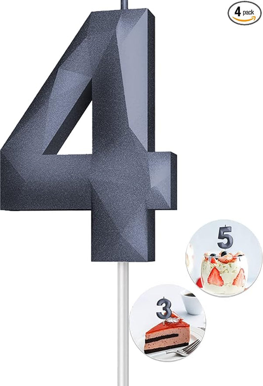 Number Birthday Candles(4 Candle Black) 3D Diamond Shape 4th Happy Birthday Cake Topper Decorations for Boy Men Birthday Wedding Anniversary Celebration Theme Party Supplies