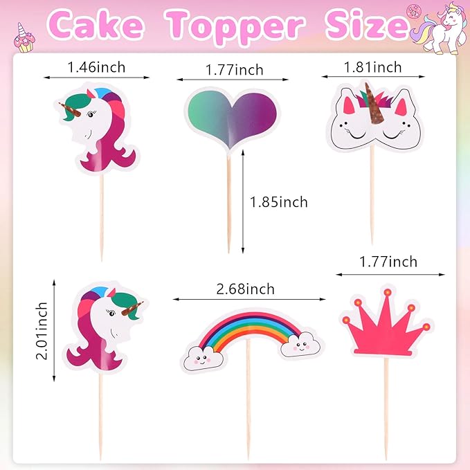 CCINEE 48pcs Rainbow Unicorn Cupcake Toppers Picks Double-Sided Paper Unicorn Cake Toppers for Birthday Party Dessert Decoration