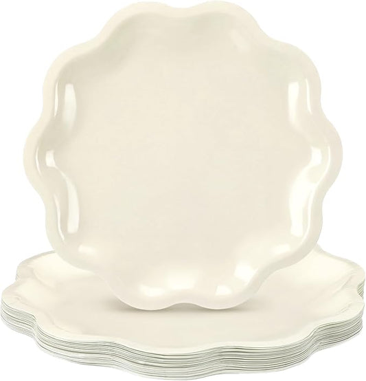 Qinyoung 25 Pack Beige Paper Plates 10.5 Inch Scalloped Disposable Dinner Plates Beige White Dessert Cake Tableware for Birthday Party, Mother's Day Baby Shower, Wedding & Bridal Shower Decorations