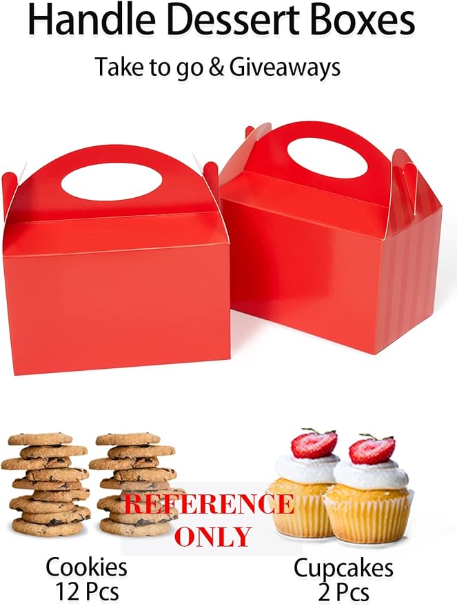 Happyhiram 25 Pcs Red Treat Boxes, 6 Inch Valentine Candy Boxes Party Favors with Handle Paper Cookie Gift Gable Boxes Snack Goodie Gift Bags for New Year Party Decorations