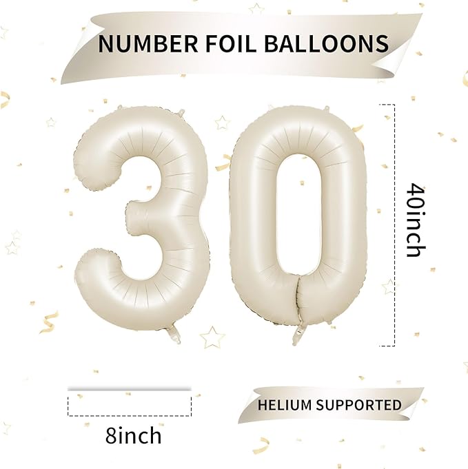 Biapian 40 Inch Cream Number 30 Balloon, 30th Birthday Balloons, Big Digital 30 Beige White Giant 30 Foil Balloon Helium for Men Women 30th Birthday Decorations Anniversary Baby Shower Party Supplies