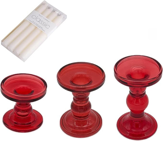 Red Glass Candle Holders Set of 3 Clear Candlestick Holders Vintage Candle Stands for Pillar Taper Candle TeaLight Home Decor Table Centerpieces Christmas, Candleholder Sets with 4 Pcs Taper Candles