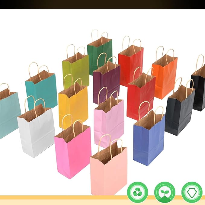 qiqee 60-Packs Paper Bags with Handles Bulk 8.26"×6"×3.15" Small Gift Bags 16 Different Senior Color Bags Multiple Uses（Small Size）