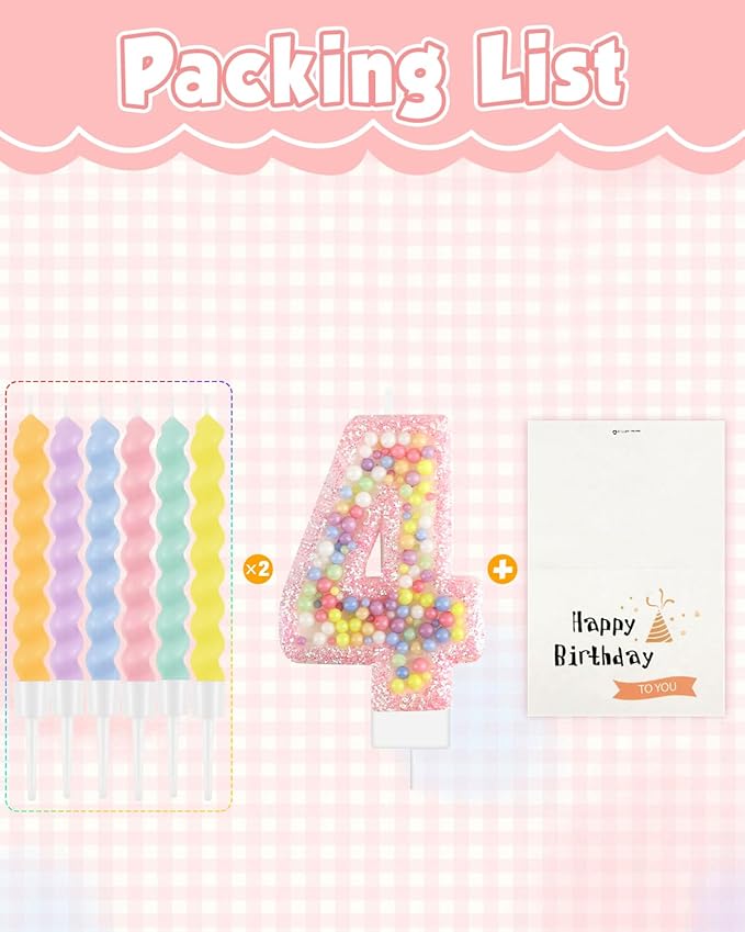 Birthday Candles for Cake, Macaron Number Candles, Cake Candles with Greeting Card for Birthday Party Wedding Anniversary Celebrations (4 Candle)