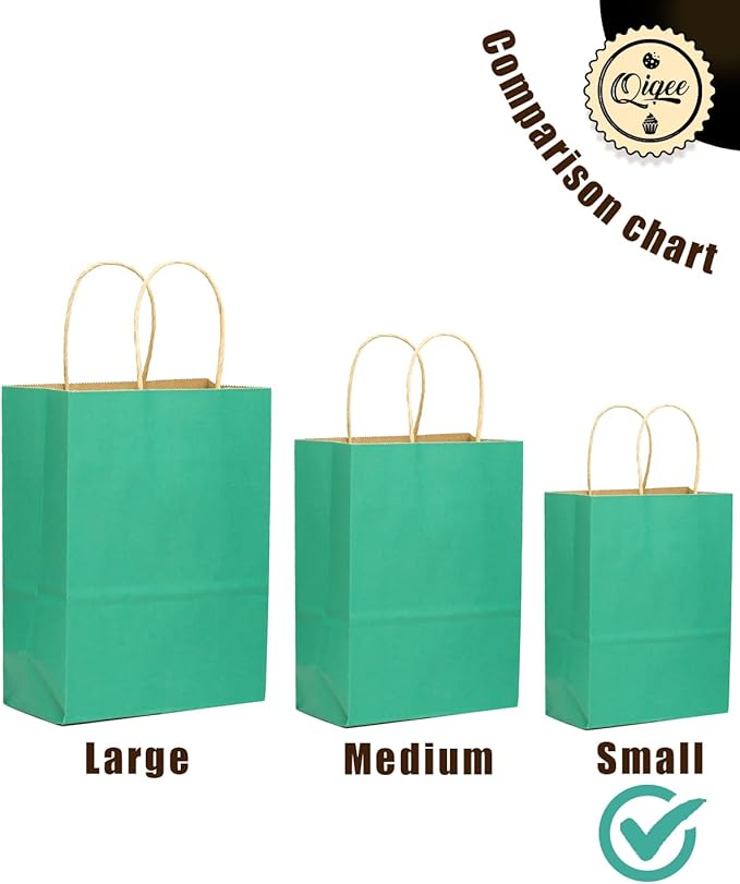 qiqee 100-Packs Mint Green Paper Gift Bags with Handles Bulk 8.26"×6"×3.15" Small Size Gift Bags Multiple Uses