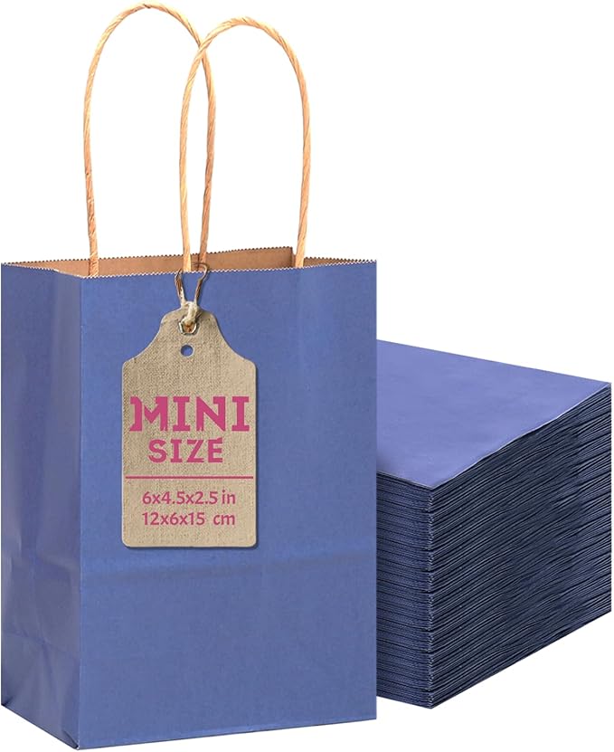 qiqee 24 Pcs Deep Blue Mini Paper Gift Bags with Handles 6"x4.5"x2.5" Small Brown Kraft Party Favor Treat Bags Multiple Uses (Mini size)